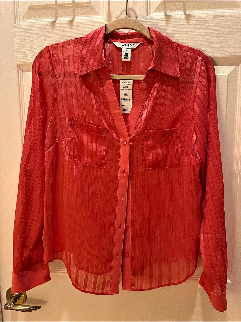 WHBM LS Shadow Stripe Shirt Striped Button Down Blouse in Red Size 2 NWT